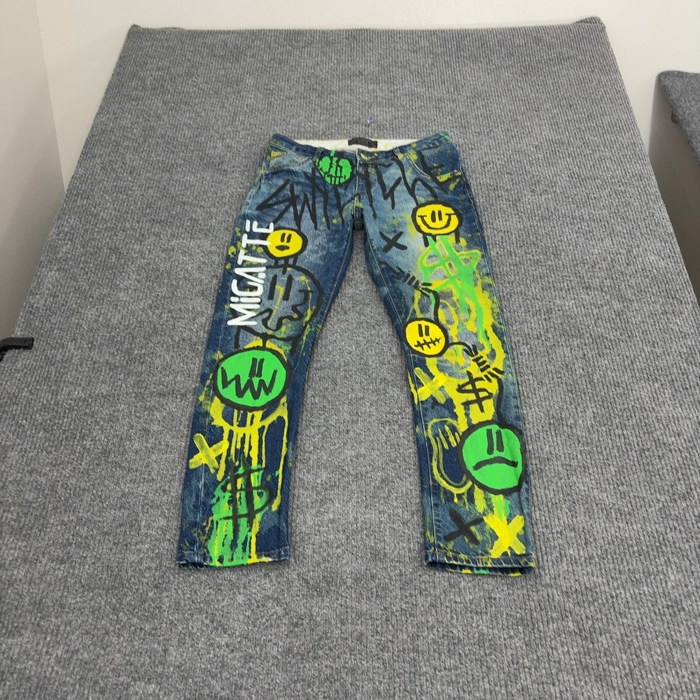 Zara Jeans Women 4 Blue Denim Graffiti Paint Splatter Distressed‎ Streetwear Art